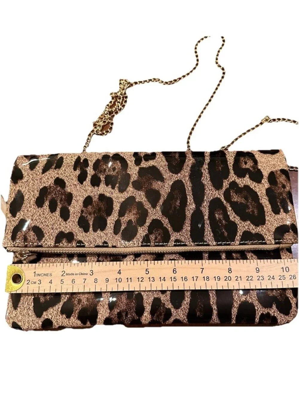 Vinyl Leopard Print Clutch with Gold Crossbody Chain Perfect With Jeans & Heels